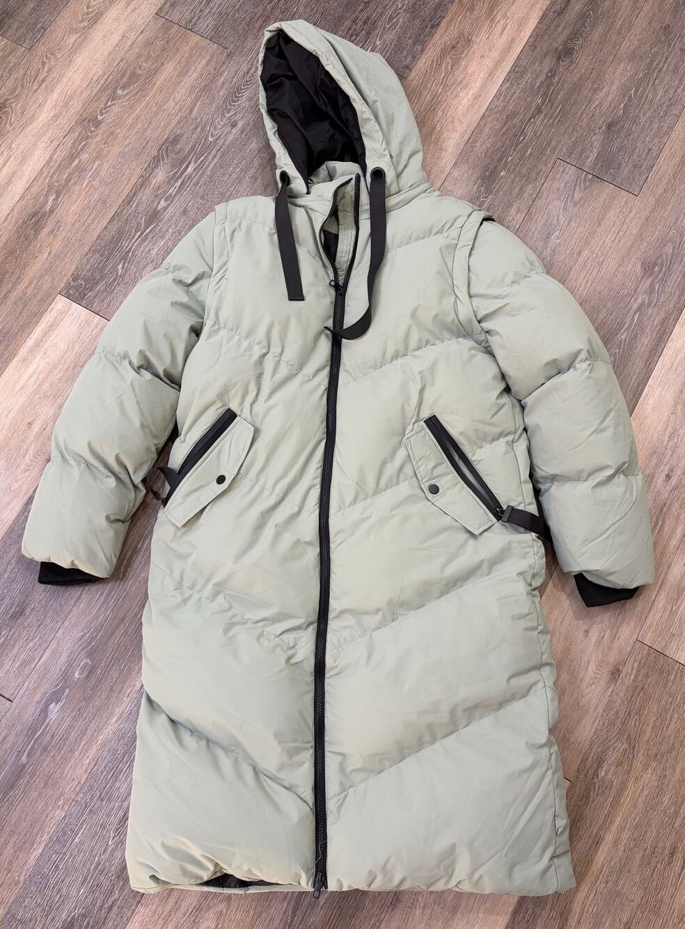 Saint & Sinner Long Puffer Coat Hooded Green Zip Jacket Women M